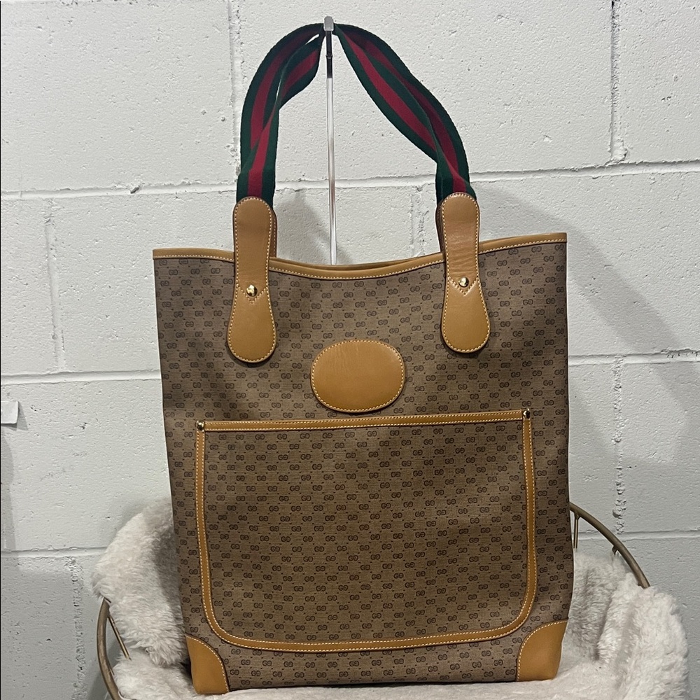 Vintage Gucci Tan and Gold Accent Tote Bag